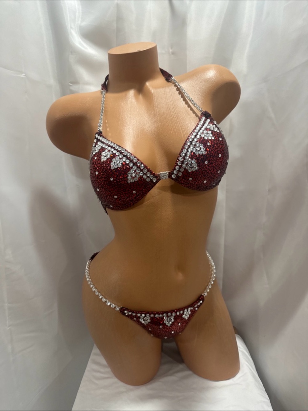 NPC competition bikini suit burgundy red 34B cup small handmade suit
